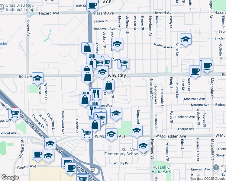 map of restaurants, bars, coffee shops, grocery stores, and more near 15162 Jackson Street in Midway City