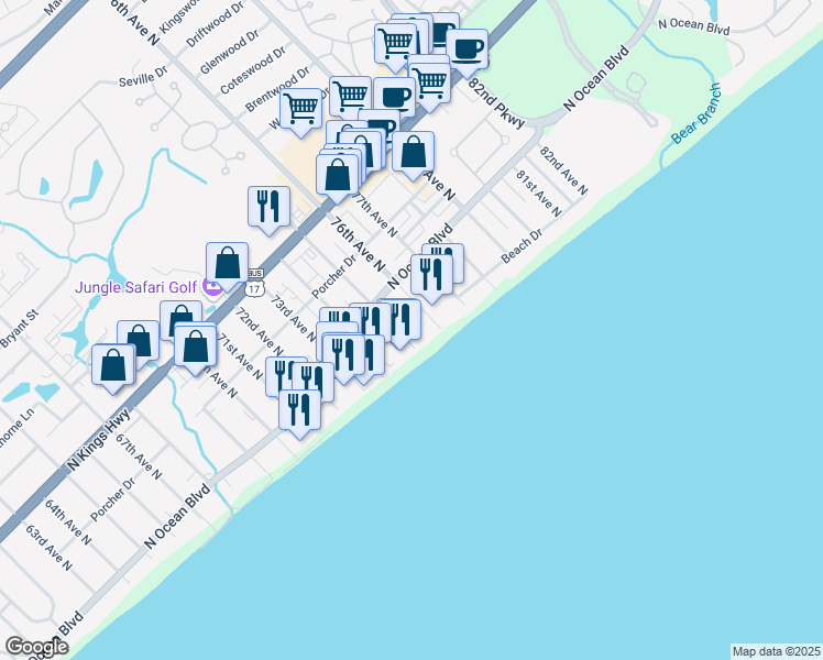 map of restaurants, bars, coffee shops, grocery stores, and more near 201 75th Avenue North in Myrtle Beach