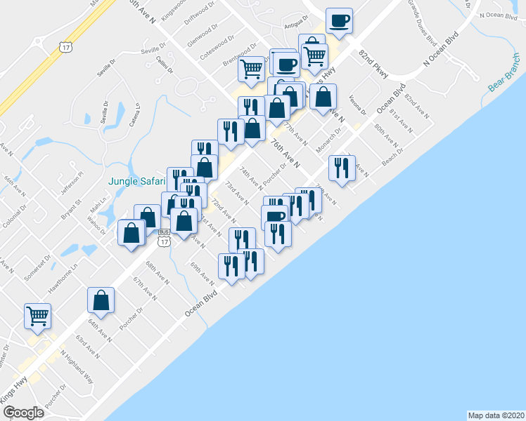 map of restaurants, bars, coffee shops, grocery stores, and more near 302 73rd Avenue North in Myrtle Beach