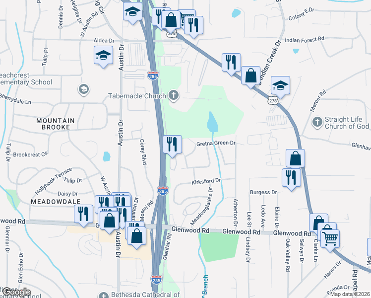 map of restaurants, bars, coffee shops, grocery stores, and more near 1779 Gretna Green Way in Decatur