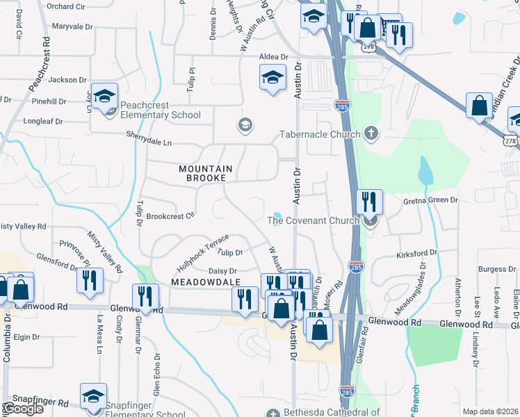 map of restaurants, bars, coffee shops, grocery stores, and more near 1730 West Austin Road in Decatur