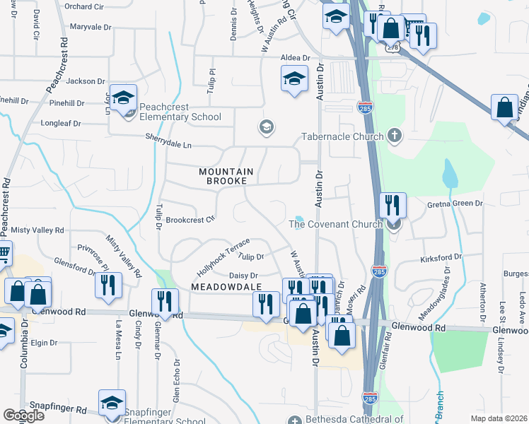 map of restaurants, bars, coffee shops, grocery stores, and more near 1726 West Austin Road in Decatur