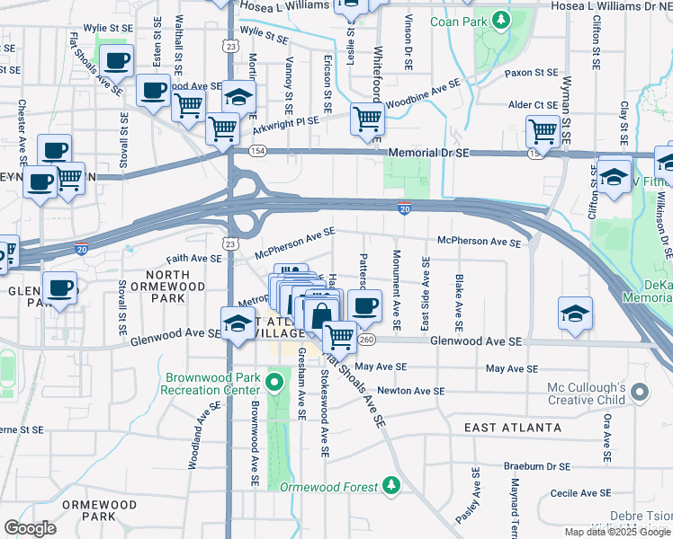 map of restaurants, bars, coffee shops, grocery stores, and more near 1326 Metropolitan Avenue Southeast in Atlanta