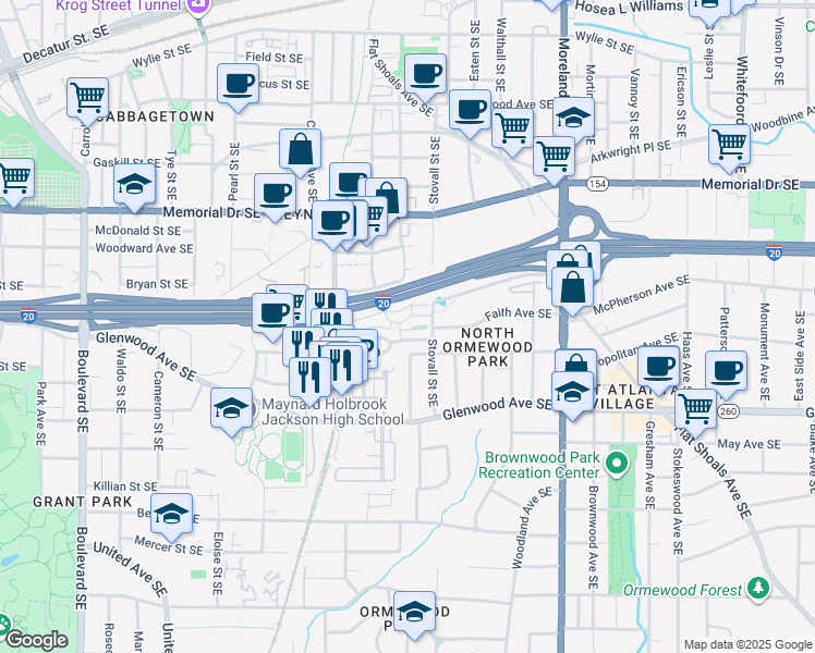 map of restaurants, bars, coffee shops, grocery stores, and more near 976 Faith Avenue Southeast in Atlanta
