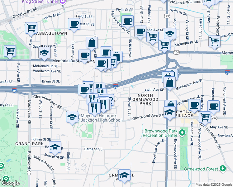 map of restaurants, bars, coffee shops, grocery stores, and more near 976 Faith Avenue Southeast in Atlanta