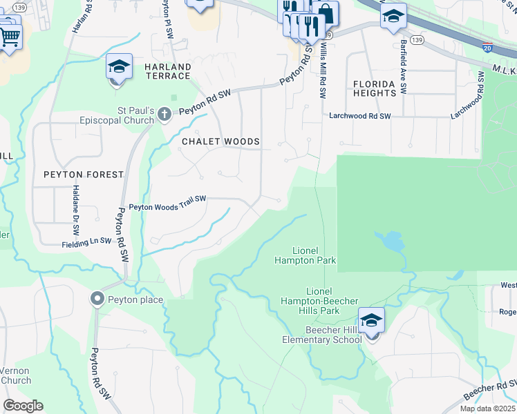 map of restaurants, bars, coffee shops, grocery stores, and more near 2541 Peyton Woods Trail Southwest in Atlanta