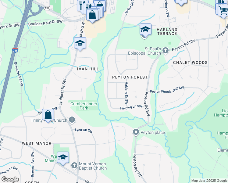 map of restaurants, bars, coffee shops, grocery stores, and more near 490 Fielding Lane Southwest in Atlanta
