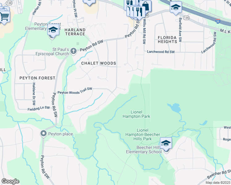 map of restaurants, bars, coffee shops, grocery stores, and more near 2541 Peyton Woods Trail Southwest in Atlanta