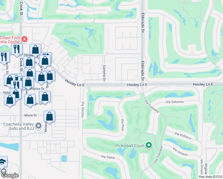 map of restaurants, bars, coffee shops, grocery stores, and more near 75741 Via Stia in Indian Wells