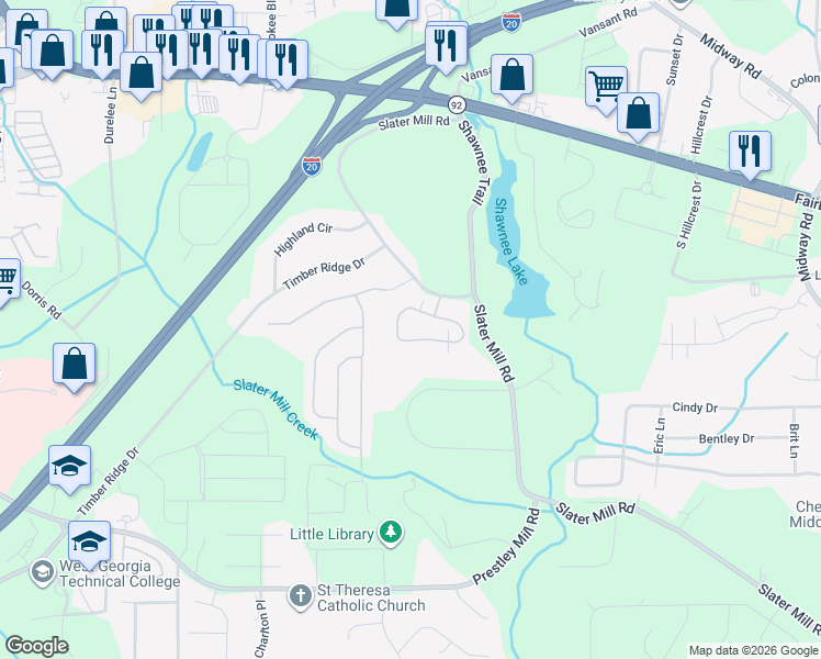 map of restaurants, bars, coffee shops, grocery stores, and more near 1603 Haven Cir in Douglasville