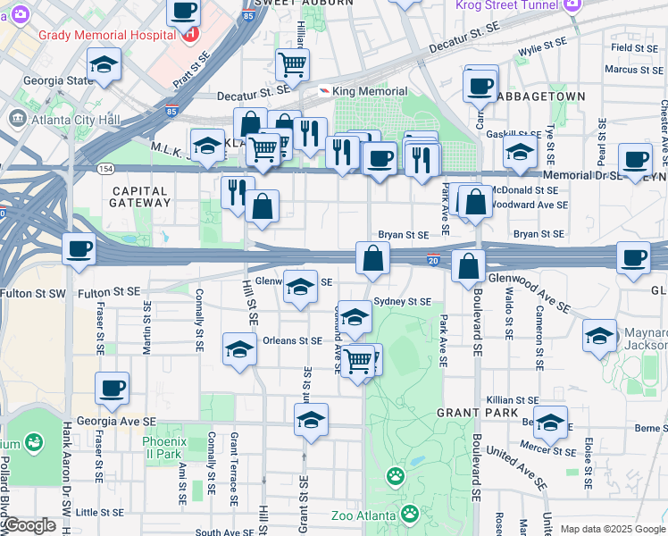 map of restaurants, bars, coffee shops, grocery stores, and more near 429 Oakland Avenue Southeast in Atlanta