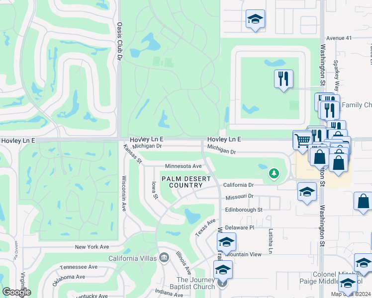 map of restaurants, bars, coffee shops, grocery stores, and more near 77285 Michigan Drive in Palm Desert