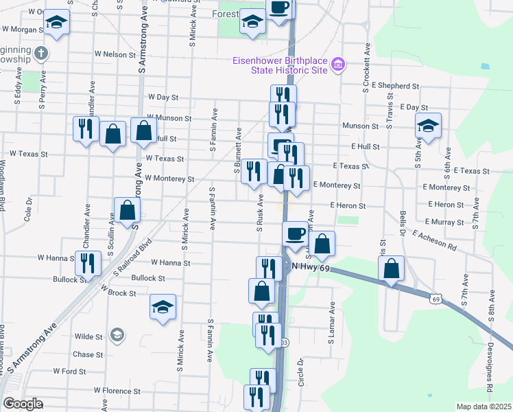 map of restaurants, bars, coffee shops, grocery stores, and more near 321 West Murray Street in Denison