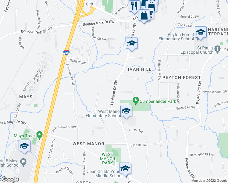 map of restaurants, bars, coffee shops, grocery stores, and more near Lynhurst Dr SW & Ivan Hill Dr SW in Atlanta