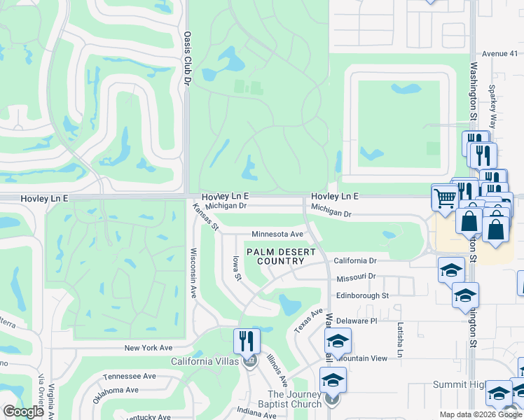 map of restaurants, bars, coffee shops, grocery stores, and more near 77225 Michigan Drive in Palm Desert