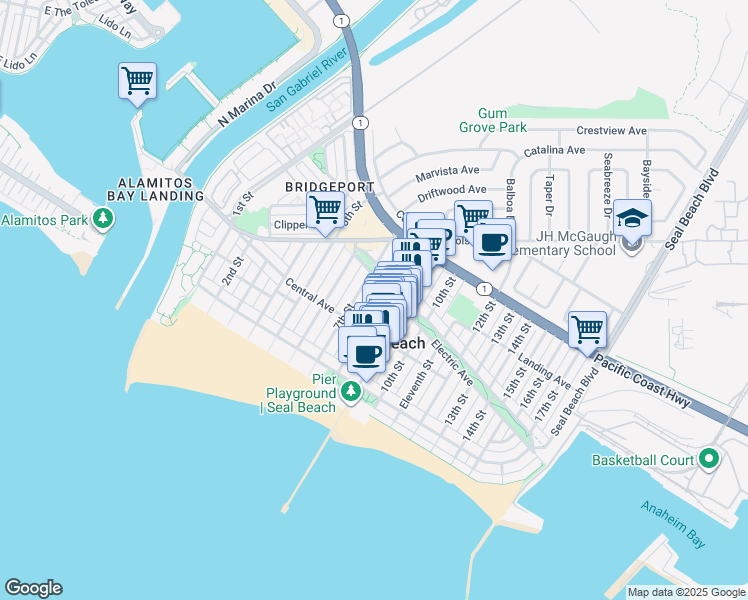 map of restaurants, bars, coffee shops, grocery stores, and more near 209 1/2 Main Street in Seal Beach