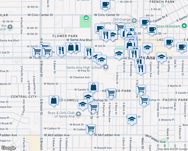 map of restaurants, bars, coffee shops, grocery stores, and more near 309 South Flower Street in Santa Ana