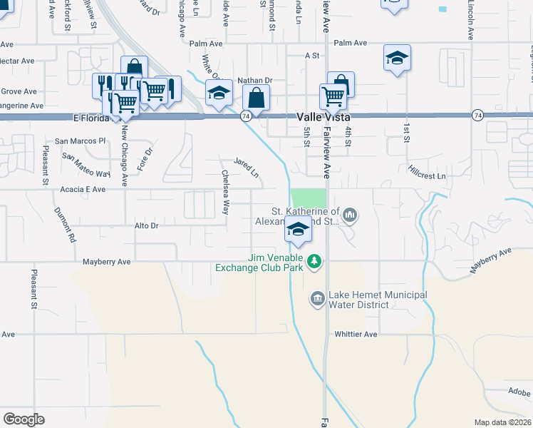 map of restaurants, bars, coffee shops, grocery stores, and more near 43833 Payne Avenue in Hemet