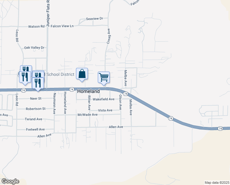 map of restaurants, bars, coffee shops, grocery stores, and more near California 74 in Homeland