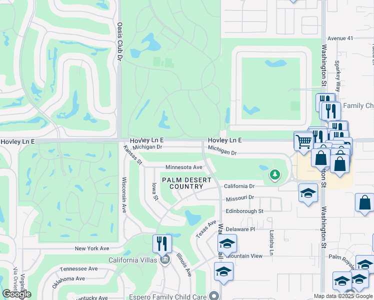 map of restaurants, bars, coffee shops, grocery stores, and more near 77285 Michigan Drive in Palm Desert