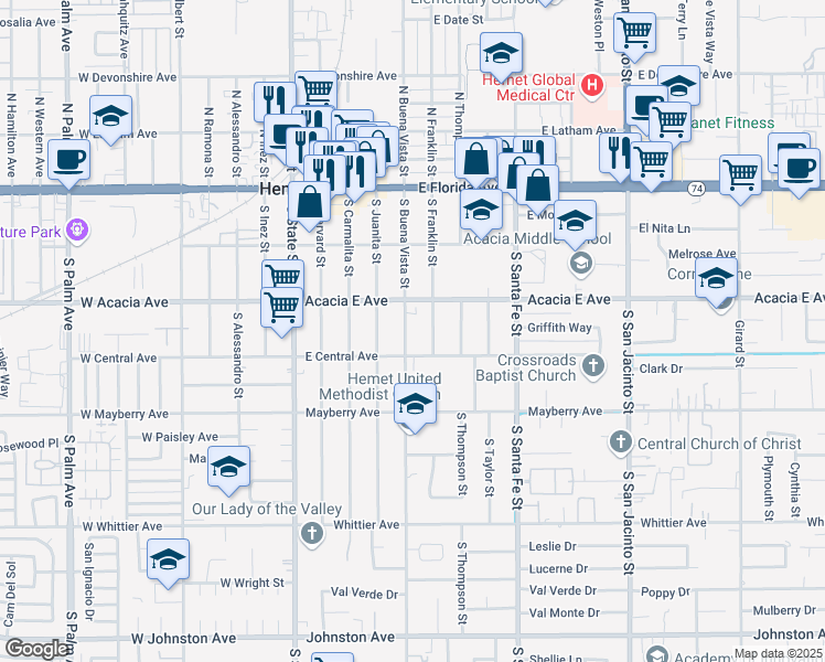 map of restaurants, bars, coffee shops, grocery stores, and more near 346 South Buena Vista Street in Hemet