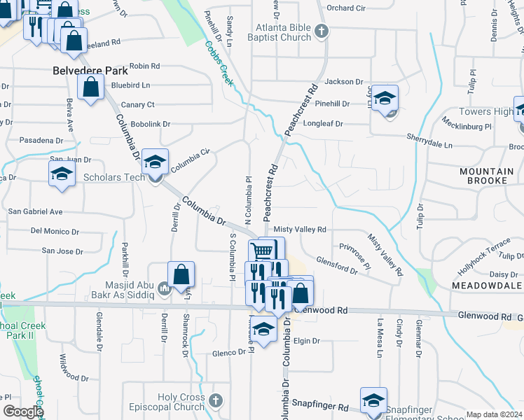map of restaurants, bars, coffee shops, grocery stores, and more near 1709 Peachcrest Road in Decatur