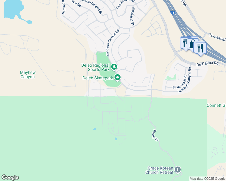 map of restaurants, bars, coffee shops, grocery stores, and more near 26025 Almond Court in Corona