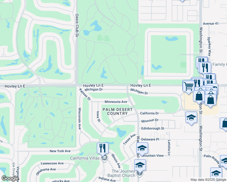 map of restaurants, bars, coffee shops, grocery stores, and more near 77255 Michigan Drive in Palm Desert