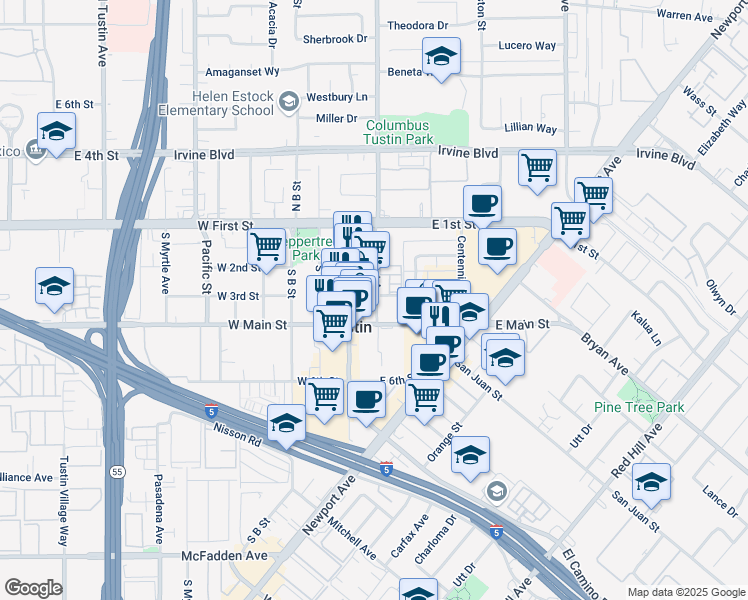 map of restaurants, bars, coffee shops, grocery stores, and more near 274 South Prospect Avenue in Tustin