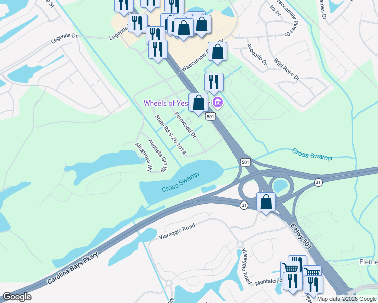 map of restaurants, bars, coffee shops, grocery stores, and more near 201 Greenleaf Circle in Myrtle Beach