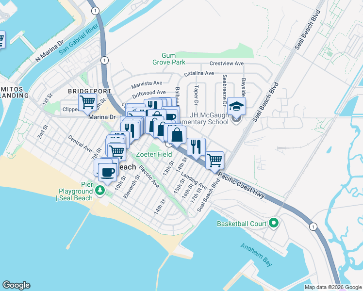 map of restaurants, bars, coffee shops, grocery stores, and more near 1230 Crystal Cove Way in Seal Beach