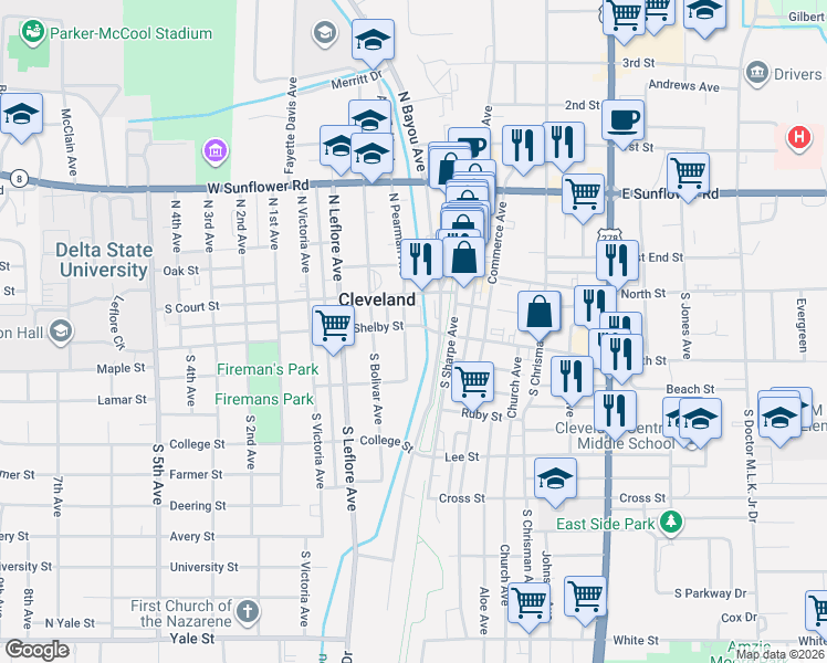 map of restaurants, bars, coffee shops, grocery stores, and more near 201 South Bolivar Avenue in Cleveland