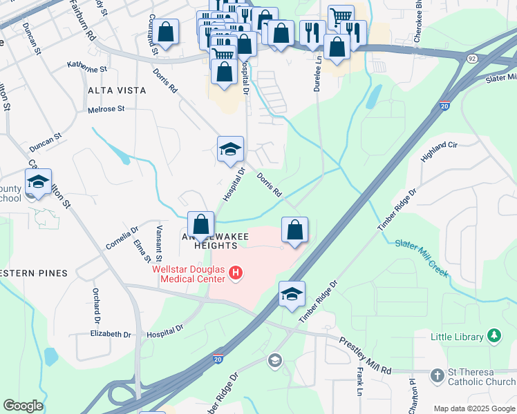 map of restaurants, bars, coffee shops, grocery stores, and more near 8700 Hospital Drive in Douglasville