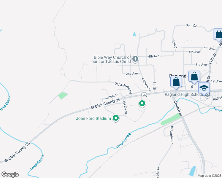 map of restaurants, bars, coffee shops, grocery stores, and more near 30 Pine Street in Ragland