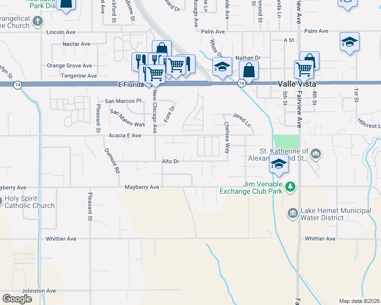 map of restaurants, bars, coffee shops, grocery stores, and more near 26079 Elderwood Place in Hemet