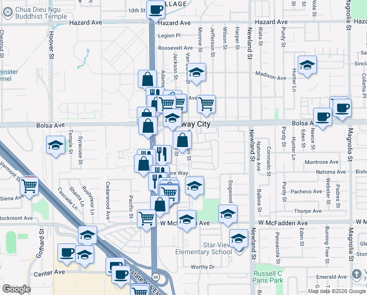 map of restaurants, bars, coffee shops, grocery stores, and more near 15162 Jackson Street in Midway City