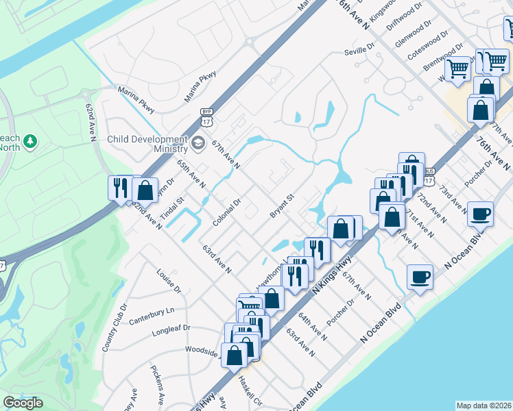 map of restaurants, bars, coffee shops, grocery stores, and more near 6523 Valene Court in Myrtle Beach