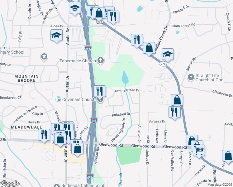 map of restaurants, bars, coffee shops, grocery stores, and more near 1762 Gretna Green Way in Decatur