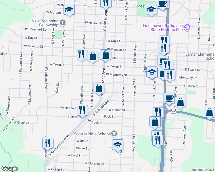 map of restaurants, bars, coffee shops, grocery stores, and more near 719 West Murray Street in Denison