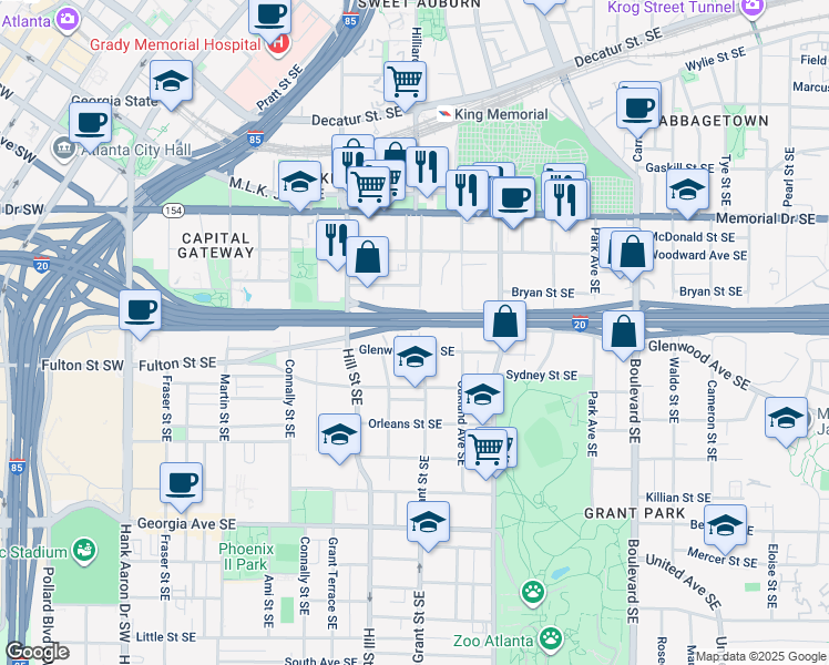 map of restaurants, bars, coffee shops, grocery stores, and more near 429 Grant Street Southeast in Atlanta