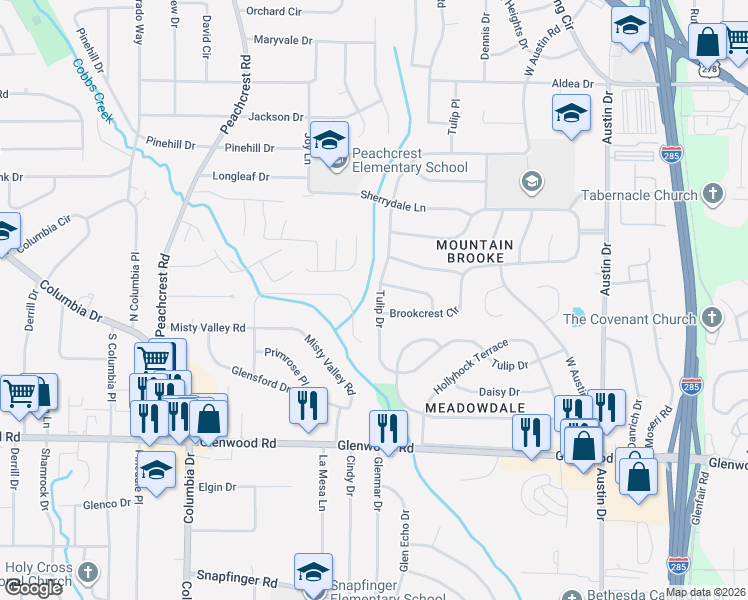 map of restaurants, bars, coffee shops, grocery stores, and more near 3560 Brookfield Lane in Decatur