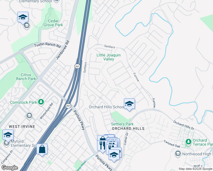 map of restaurants, bars, coffee shops, grocery stores, and more near Sky Vista in Irvine