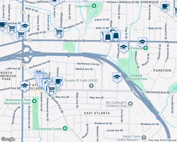 map of restaurants, bars, coffee shops, grocery stores, and more near 1539 Marbut Avenue Southeast in Atlanta