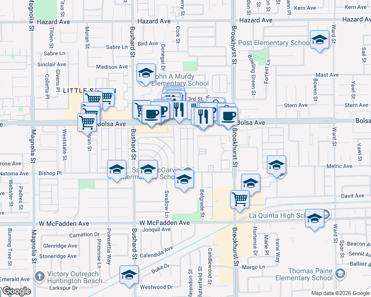 map of restaurants, bars, coffee shops, grocery stores, and more near 9800 Bolsa Avenue in Westminster