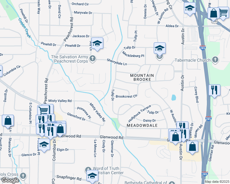 map of restaurants, bars, coffee shops, grocery stores, and more near 3594 Brookcrest Circle in Decatur