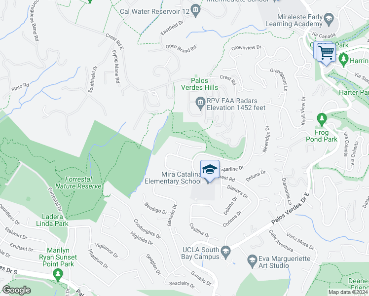 map of restaurants, bars, coffee shops, grocery stores, and more near 3632 Greve Drive in Rancho Palos Verdes