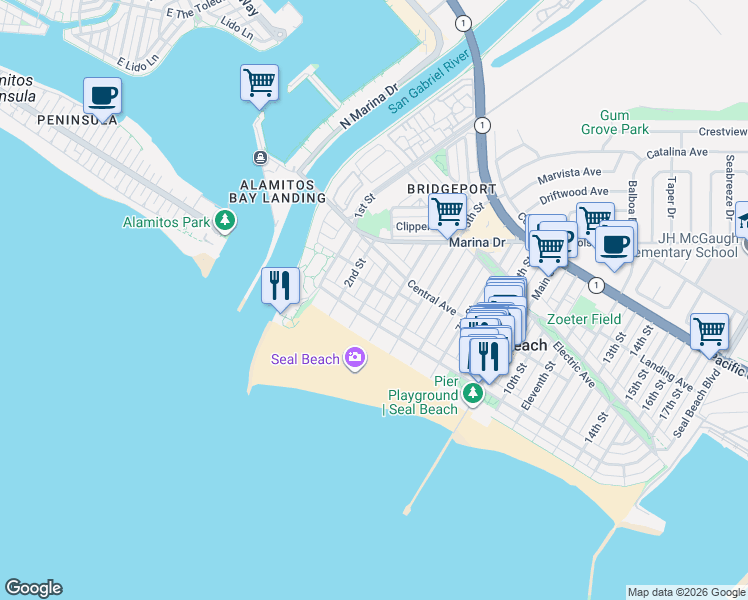 map of restaurants, bars, coffee shops, grocery stores, and more near 114 4th Street in Seal Beach