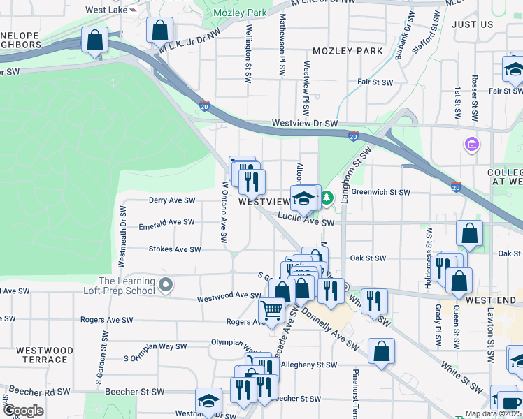 map of restaurants, bars, coffee shops, grocery stores, and more near Ralph David Abernathy Blvd & Inman St SW in Atlanta