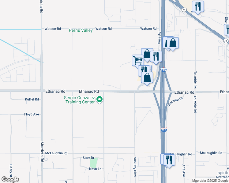 map of restaurants, bars, coffee shops, grocery stores, and more near Ethanac Road in Riverside County