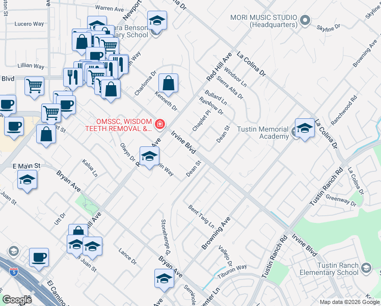 map of restaurants, bars, coffee shops, grocery stores, and more near 1662 Blueberry Way in Tustin